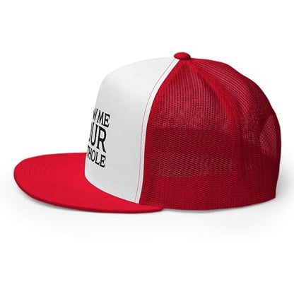 Show Me Your Butthole Premium Trucker Hat Flat Bill High Crown Adjustable Funny Cap - color: Red/ White/ Red