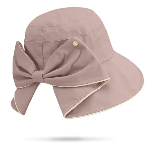 Women's Foldable Wide Brim Bowknot Bucket Hat Sun Protective - color: Dusty Rose