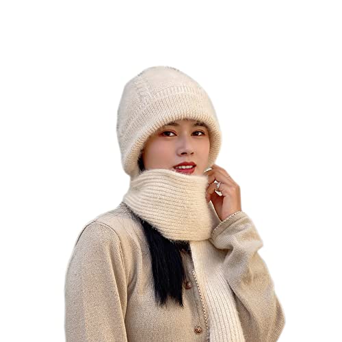Winter Warm Elastic Soft Ear Protection Knitted Scarf Hat Fleece Lined Beanie Hat - color: H01-beige