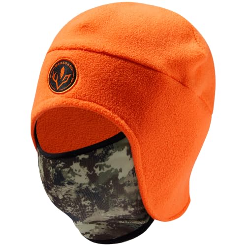 BASSDASH Unisex Soft Fleece 2-in-1 Hat with Mask Ear Flap - color: Orange & Grunge Camo