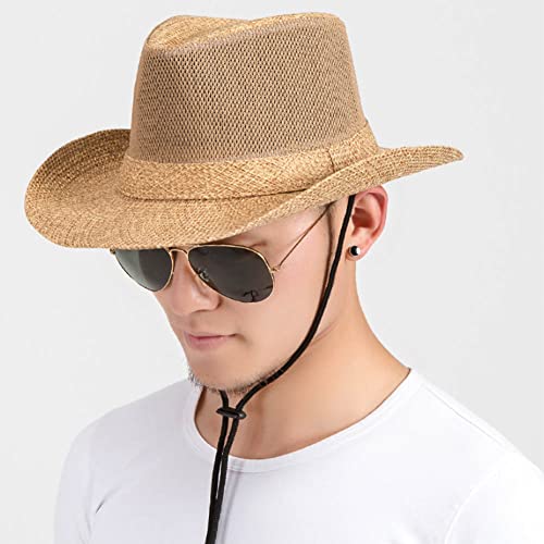 Wide Brim Straw Panama Hat Fedora Beach Sun Hat UPF50+ Unisex Fishing Hats - color: Khaki
