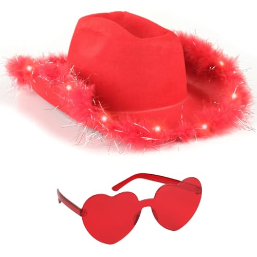 Funcredible Light Up Cowboy Hat and Glasses – LED Cowgirl Hat with Feathers – Cowgirl Costume Accessories for Women - color: Red
