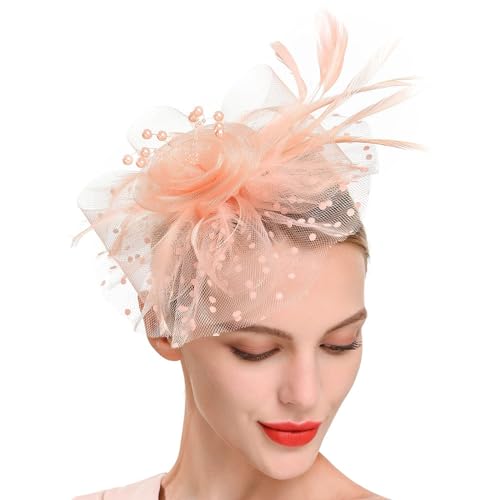 JUNBESTN Fascinators Hat Tea Party Headwear for Women Flower Mesh Feathers Headband - color: Champagne Pink