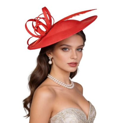 Women's Fascinators Feather Polyester Kentucky Derby Saucer Hats with Headband - color: Red