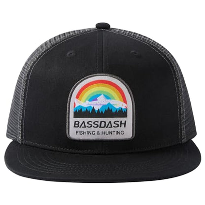 BASSDASH Flat Brim Trucker Cap Adjustable Snapback Hat Mesh Back for Men Women - color: Rainbow Trout