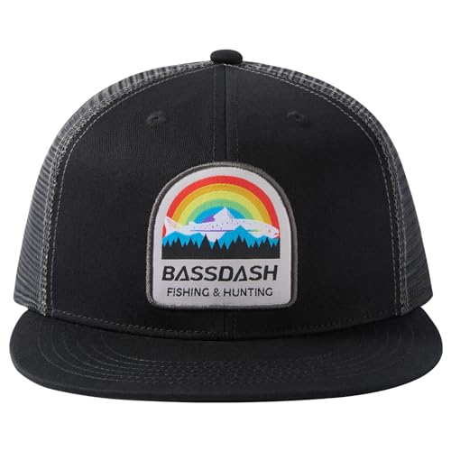 BASSDASH Flat Brim Trucker Cap Adjustable Snapback Hat Mesh Back for Men Women - color: Rainbow Trout