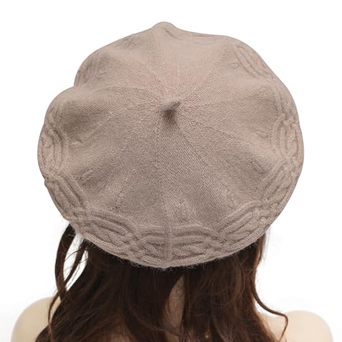 ZLYC Women French Beret Hat Reversible Solid Color Knit Warm Artist Cap - color: Cable Knit Light Coffee