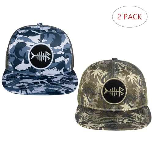 BASSDASH 2 Pack Flat Brim Trucker Cap Adjustable Snapback Hat Mesh Back for Men Women Fishing Hunting - color: Pack of 2, Shark Camo & Palm Tree Camo