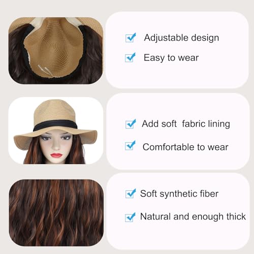 Hat Wig Panama Hat with Mix Brown Long Wave Hair Attached for Women Khaki Color Wide Brim Straw Beach Sun Hat Wig - color: K-Mbrown
