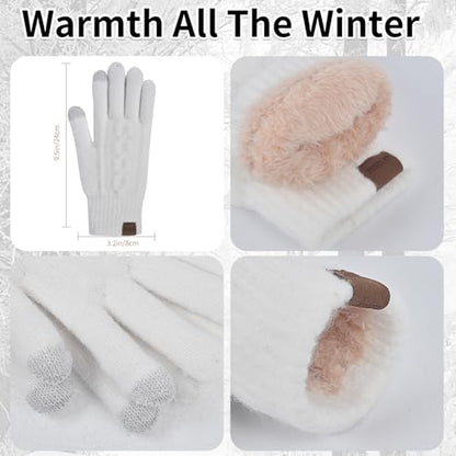 Winter Hat Scarf Gloves Set for Women, Classic Cable Beanie with Removable Pom Pom Long Scarf Touchscreen Gloves 3 in 1 Set - color: White