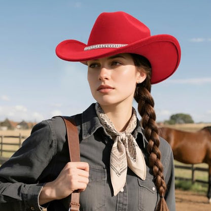 DRESHOW Western Cowboy Hat for Women and Men Wide Brim Glitter Cowboy Cowgirl Hat with Rhinestone Felt Fedora Hats - color: 1 Pack Style 10: Red
