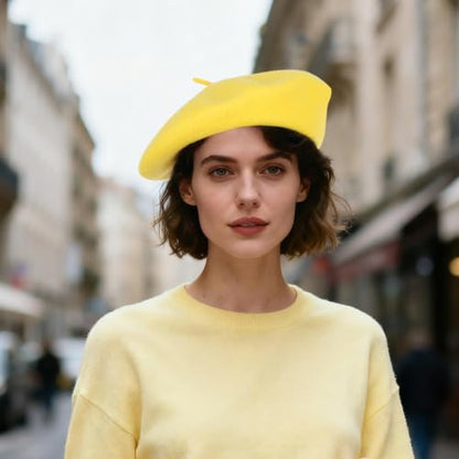 1Pcs French Beret Hats Solid Classic Beret Beanie Hats for Women Teens - color: Yellow