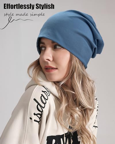 ROYBENS 100% Cotton T-Shirt Beanie for Women Men Slouchy Soft Skull Cap - color: 2pcs-black, Light Blue