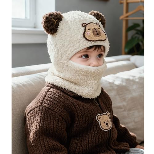 Baby Boys Knit Hat Winter Toddler Girls Balaclava Cute Animals Ear Hat Soft Fleece Lining Cap 6M-24M - color: Beige