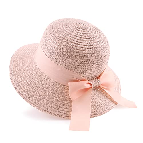 Zsedrut Women,Little Girls Straw Sun Hat Summer Beach Cap Foldable Visor Floppy Hats Wide Brim with Bowknot - color: Pink Bow, size: 2-4T