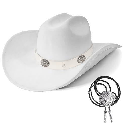 Western Cowboy Hat for Men Women,Shapeable Wide Brim Felt Fedora Classic Cowgirl Hats for Cowboys and Cowgirls,with bolo tie - color: White-a, size: Large-X-Large