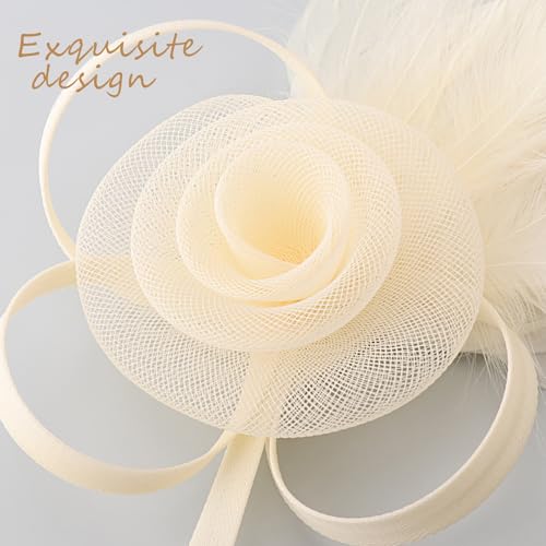 DRESHOW Fascinators Hats for Women Tulle Feather Tea Party Fascinator Hats - color: Cream White