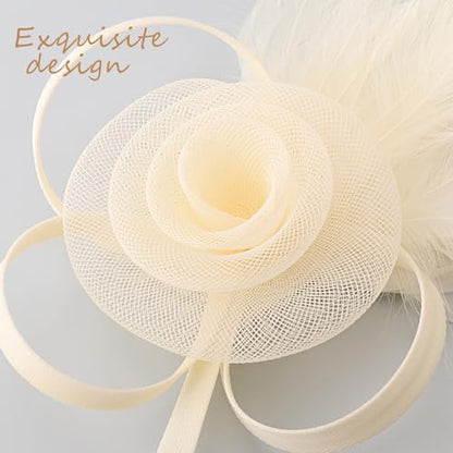 DRESHOW Fascinators Hats for Women Tulle Feather Tea Party Fascinator Hats - color: Cream White