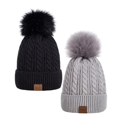 Alepo Womens Winter Beanie Hat, Warm Fleece Lined Knitted Soft Ski Cuff Cap with Pom Pom - color: Black+soft Gray