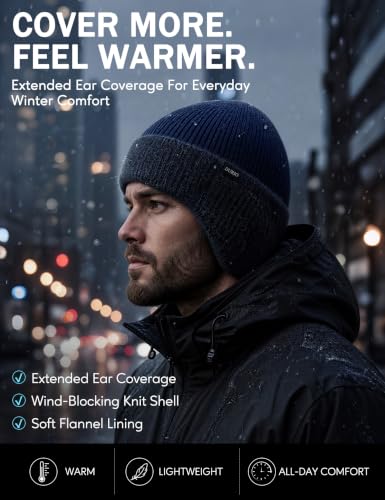 Durio Winter Beanie Hat with Earflap Windproof Knitted Cap - color: Navy Blue