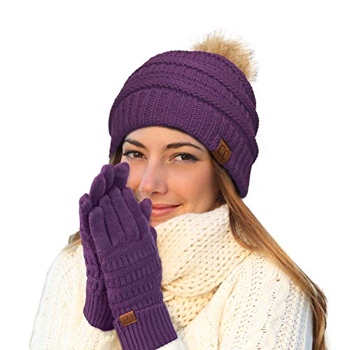 C.C Hatsandscarf Exclusives Unisex Solid Ribbed Beanie with Pom (HAT-43) - color: A Gift Set-dkpurple