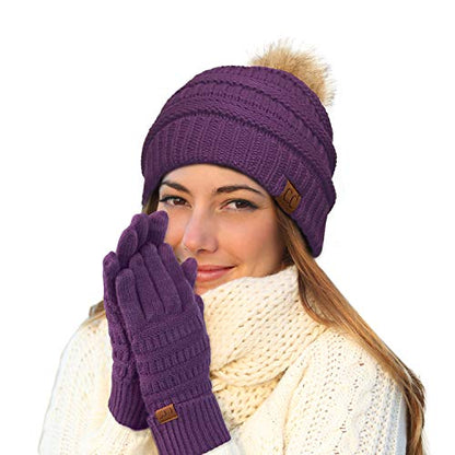 C.C Hatsandscarf Exclusives Unisex Solid Ribbed Beanie with Pom (HAT-43) - color: A Gift Set-dkpurple