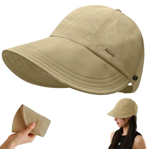 UPF 50+Womens Sun Hat UV Protection Hiking Fishing Hats Wide Brim Hat Adjustable Ponytail Packable Sun Cap - color: Khaki