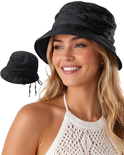 Linen Blend Ruched Bucket Hat Ultra-Light Breathable Sun Hat - color: Black