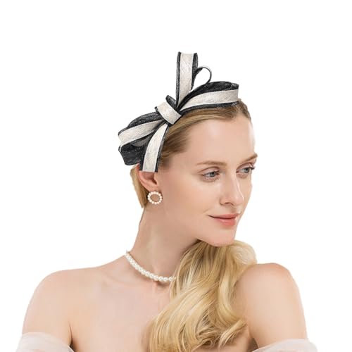HIMESPORT Sinamay Fascinators Hats for Women Ladies Church Headdress Formal Tea Party Wedding Cocktail Derby Hat with Bowknot - color: Black and Beige