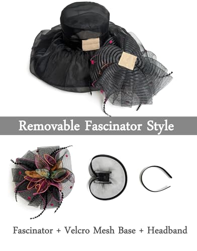 Women Derby Fascinator Hat Organza Church Wedding Hats Wide Brim Cocktail Tea Party Hat - color: 37black