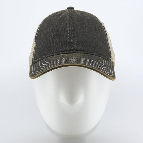 The Vintage Year Distressed Cotton Unstructured Soft Mesh Breathable Adjustable Dirty Wash Dad Hat Trucker Baseball Cap - color: Dirty Wash Black/Khaki