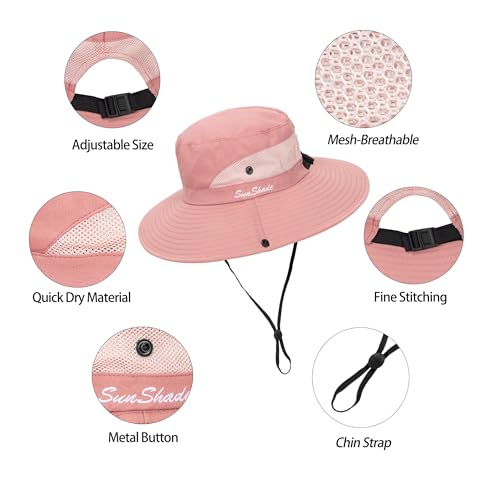 Sun Hat for Women Summer UV Protection Beach Hat with Ponytail Hole - color: Pure Pink(with Ponytail Hole)