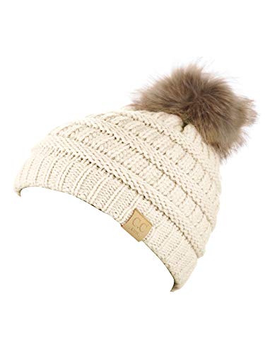 C.C Children's Kids' Soft Stretch Cable Knit Faux Fur Pom Beanie Hat - color: Ivory