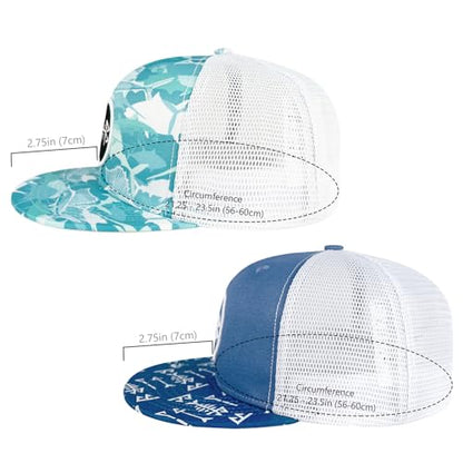 BASSDASH 2 Pack Flat Brim Trucker Cap Adjustable Snapback Hat Mesh Back for Men Women Fishing Hunting - color: Pack of 2, Blue & Fish Camo
