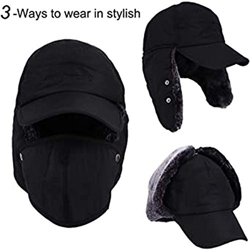 Winter 3 in 1 Thermal Fur Lined Trapper Hat with Ear Flap Full Face Warmer Cover Windproof Cycling Motorcycle Headwear - color: 3-in-1 Black