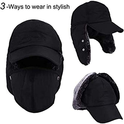 Winter 3 in 1 Thermal Fur Lined Trapper Hat with Ear Flap Full Face Warmer Cover Windproof Cycling Motorcycle Headwear - color: 3-in-1 Grey