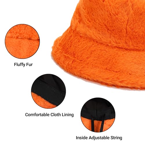 Umeepar Winter Faux Fur Fuzzy Bucket Hat Fluffy Warm Hat for Women Men - color: Plain Orange