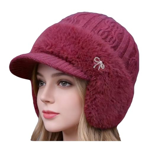 Winter Trapper Beanie Hats for Women Men, Fleece Lined Knit Hat with Brim Ear Flaps, Ear Warmers Cold Cap - color: Red