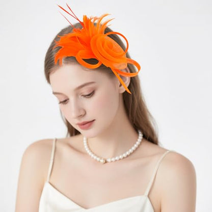 AMCAMI Fascinators Hats with Feather for Women 2026 Derby Hats Small Tea Party Hat with Headband - color: Orange