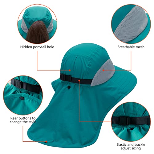 BASSDASH UPF 50+ Unisex Water Resistant Wide Brim Sun Hat with Large Neck Flap Ponytail Fishing Hat for Men Women - color: Lake Green