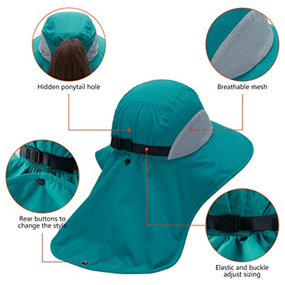 BASSDASH UPF 50+ Unisex Water Resistant Wide Brim Sun Hat with Large Neck Flap Ponytail Fishing Hat for Men Women - color: Lake Green