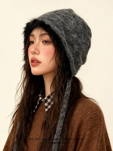 Women Winter Fleece Beanies Hat with Ear Flaps Soft Warm Crochet Skull Cap - color: B Grey