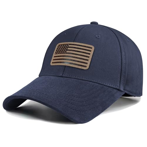 OUTDOOR SHAPING American Flag Leather Patch Dad Hat - Soft Washed Cotton USA Army Tactical Operator Military for Men Women - color: Navy, size: Small-Medium