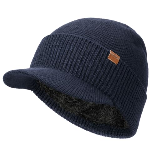 Wmcaps Men's Fleece Lined Brim Beanie, Thermal Winter Visor Hat Outdoor Cap - color: Navy Blue