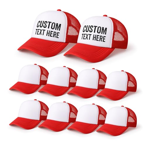 10 Pack Blank Trucker Hats Bulk, Plain Baseball Hats for DIY Heat Transfer Vinyl HTV Embroidery Team Events - color: Red White