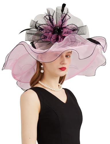 Women Derby Fascinator Hat Organza Church Wedding Hats Wide Brim Cocktail Tea Party Hat - color: 35pink