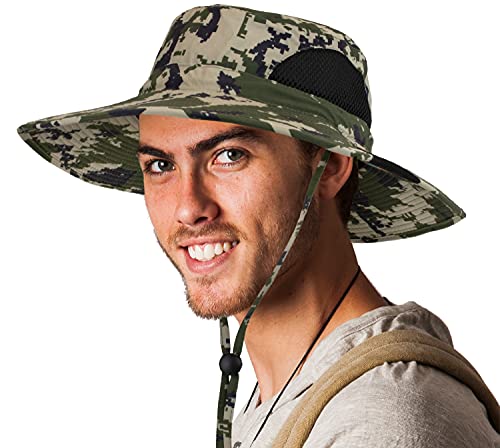 SUN CUBE Wide Brim Sun Hat for Men & Women, UPF 50+ UV Protection, Mesh Boonie Hat with Chin Strap, Fishing Hiking Hat - color: Camo Green