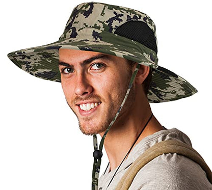 SUN CUBE Wide Brim Sun Hat for Men & Women, UPF 50+ UV Protection, Mesh Boonie Hat with Chin Strap, Fishing Hiking Hat - color: Camo Green