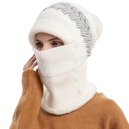 HUAMULAN Women Winter Knit Balaclava Fleece Lined Hooded Beanie Hats - color: Cream White, size: One Size