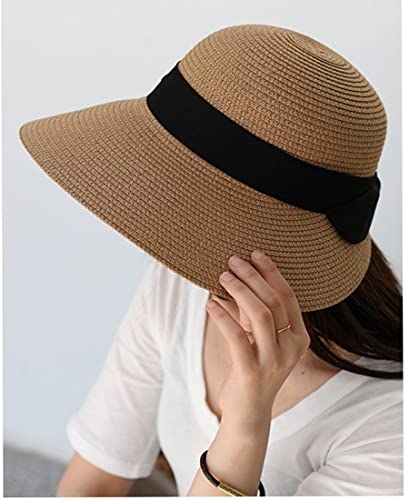 Summer Beach Sun Straw Hats for Women Wide Brim Packable Travel Bucket Hats UPF 50+ - color: Brown, With Black Band